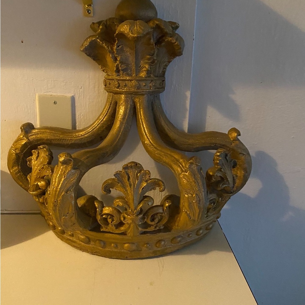 Ornate antique distressed gold bed crown can be use for decor . Heavy
